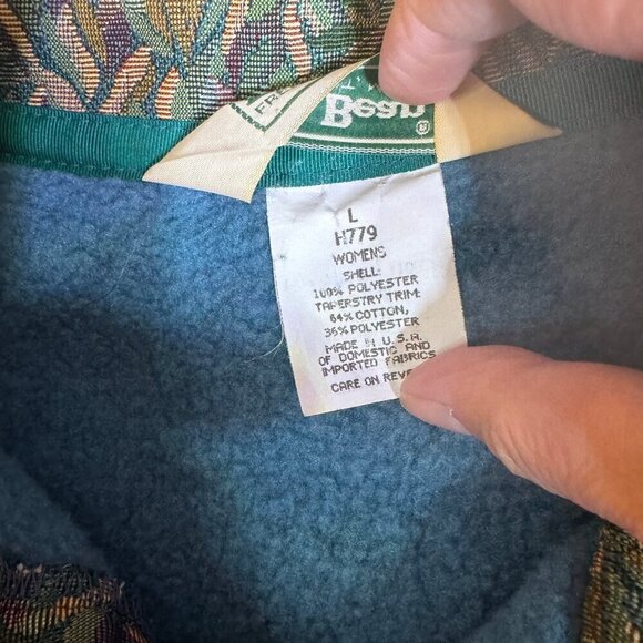 L.L. Bean Vintage 1/4 Snap Fleece Pullover Teal Blue Tapestry Trim Large #1412 - Picture 6 of 11